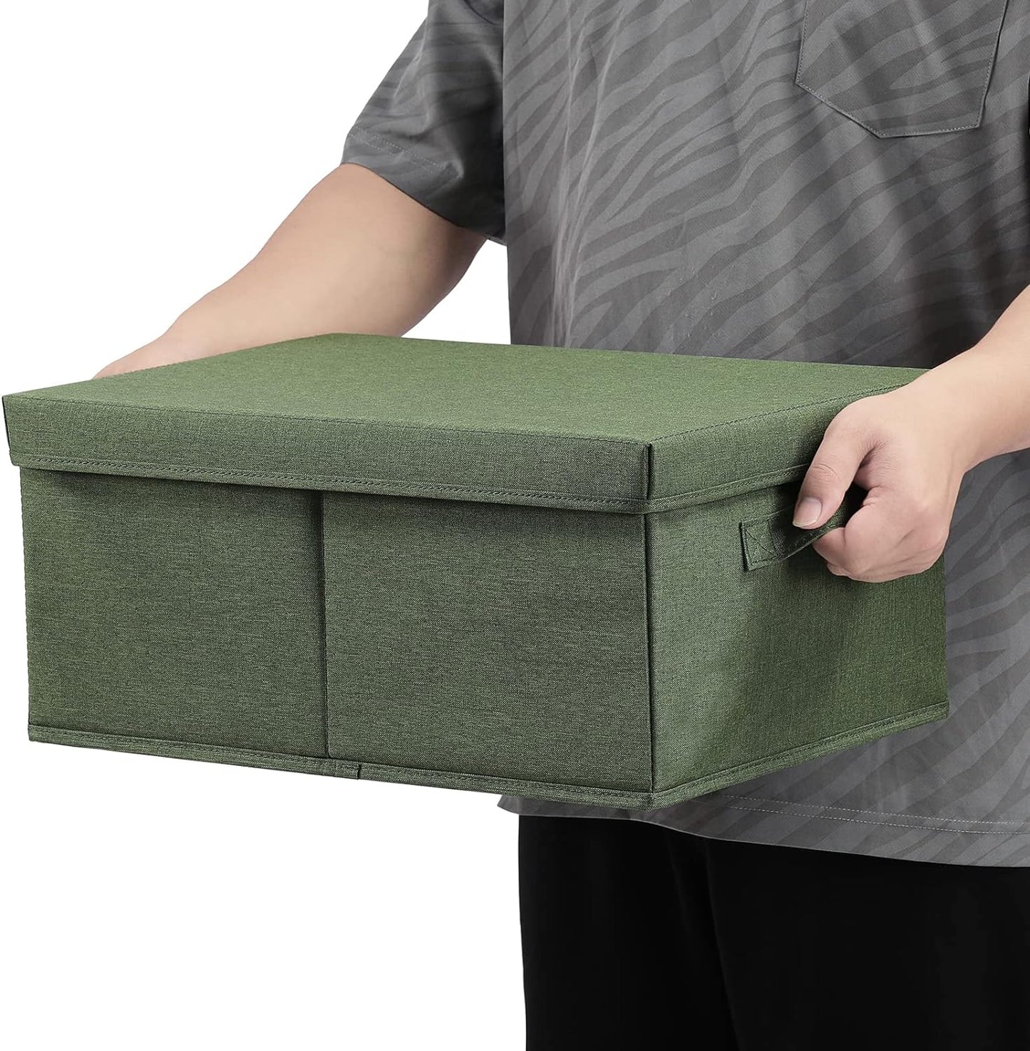 HOONEX Storage Bins with Lids for Organizing, Pack of 2, Storage Boxes with 2 Carrying Handles and Sturdy Heavy Cardboard, 16.5" L x 11.8" W x 7.5" H for Shoes, Books, Clothes, Olive