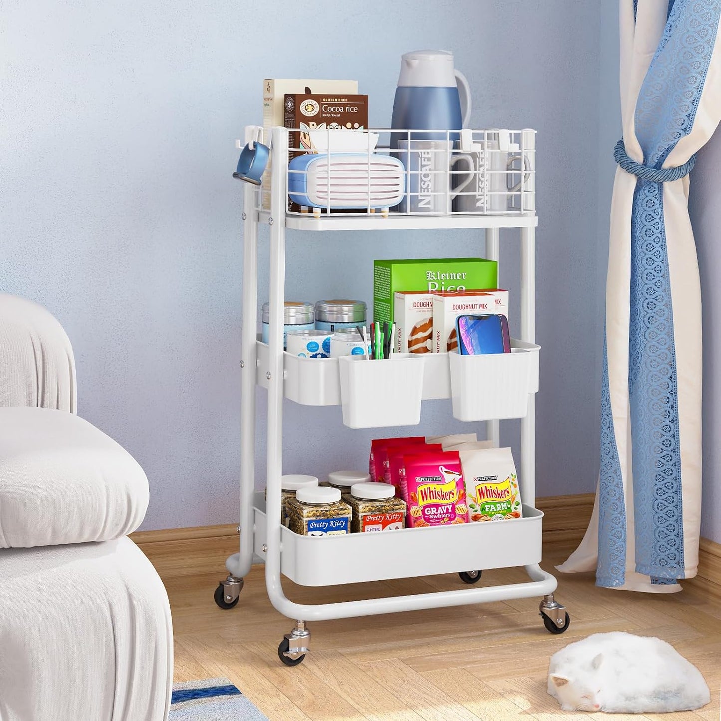 KINGRACK 3 Tier Rolling Cart, Metal Mobile Storage Shelf with Lockable Wheels, Prevent Falling Utility Trolley Cart, Storage Organizer for Kitchen, Office, Bathroom, Dorm, White