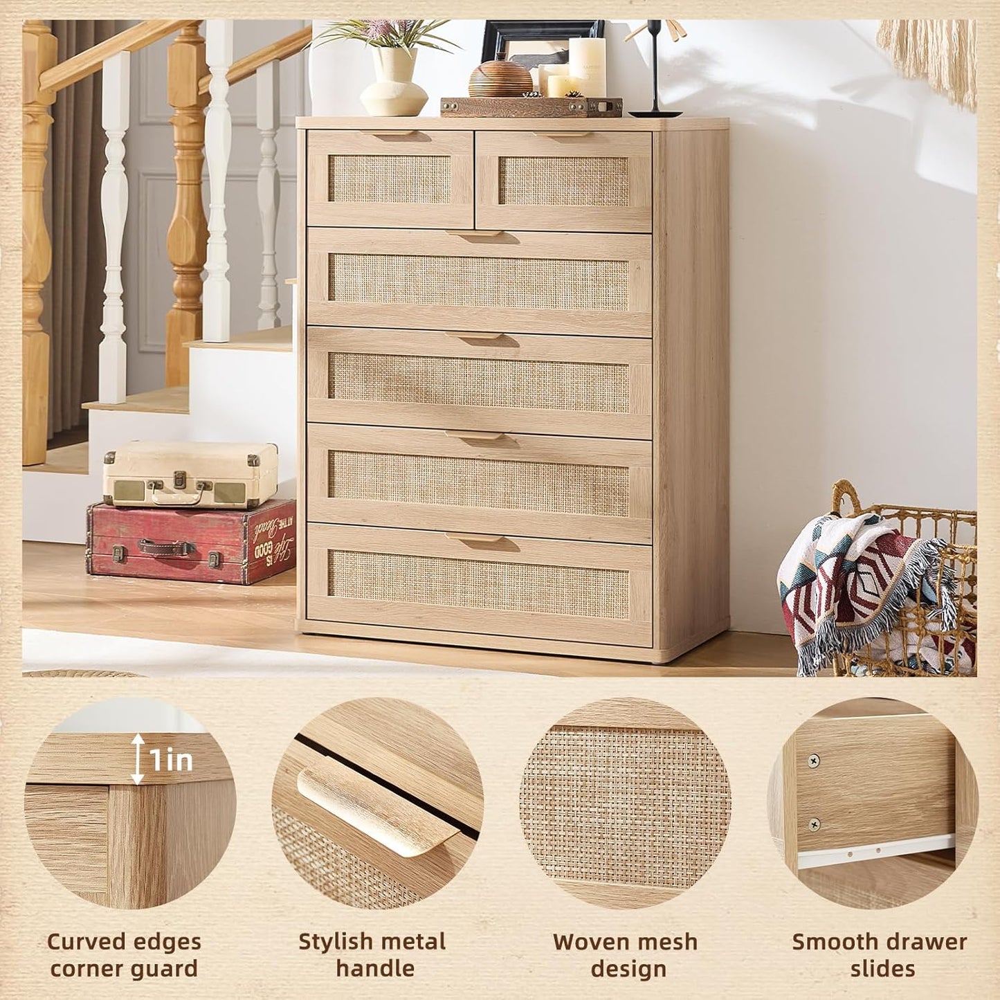 LEYAOYAO Rattan Dresser for Bedroom, 42" Tall Chest of Drawers, Modern 6 Drawers Boho Dressers with Storage, Light Oak Dresser Wooden Closet Organizer for Living Room, Hallway, Natural Wood