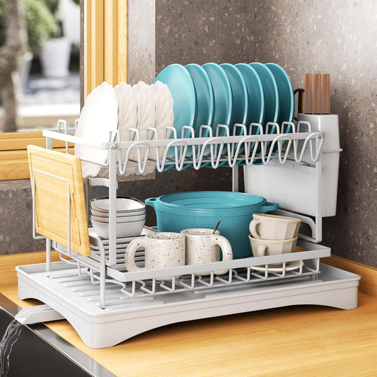 Dish Drying Rack Carbon Steel Dish Rack for Kitchen Counter, 2-Tier Kitchen Organizers and Storage Rack with Drainboard and Cutlery Holder, Large