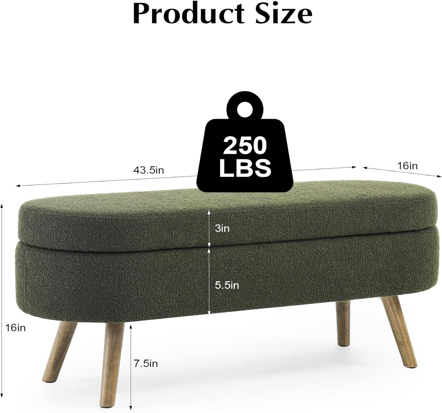 Storage Bench, 43" Storage Ottoman Bench, Shoe Storages Benches for Bedroom, Upholstered Entryway Benches with Seating, Rubber Wood Legs for Bedroom, Living Room, Entryway, Bed Side, Green