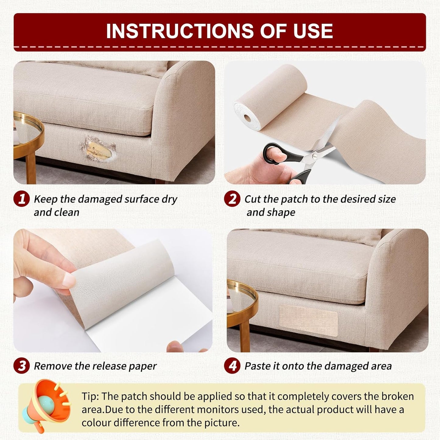 Linen Repair Tape 16x90 inch, Self Adhesive Fabric Patches, Linen Patch Tape Kit, Fabric Repair Tape for Couch Sofas, Headboards, Chairs, Pillows, Curtains, Couches - Beige White