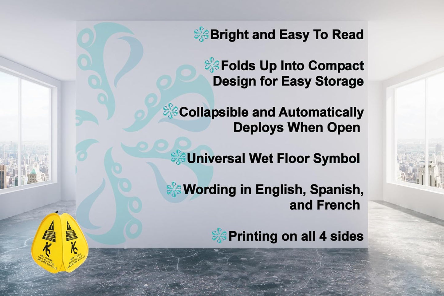 Kraken Sign Co - Pop-up Sign, Yellow 4-Sided Bilingual Trilingual English/Spanish/French Warning, Pop-up Caution Wet Floor Sign 16 inch for Restaurant, Commercial and Industrial Safety. Foldable, Portable, Durable (Yellow, 3 Pack)