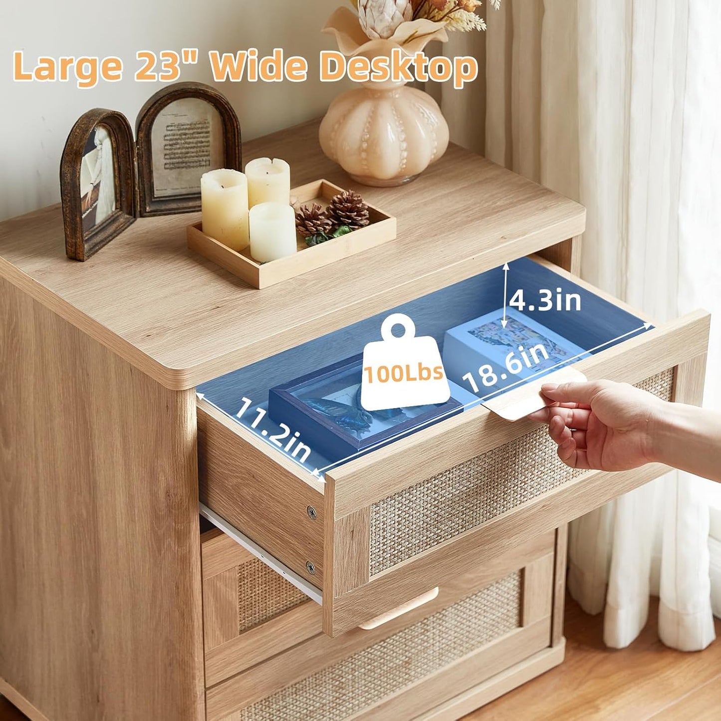 LEYAOYAO Rattan Night Stand with Drawers, 23" Large 3 Drawer Boho Nightstand, Natural Wood Bedside Table Storage Cabinet, Bed Side End Tables Dresser for Bedroom, Living Room, Hallway, Closet