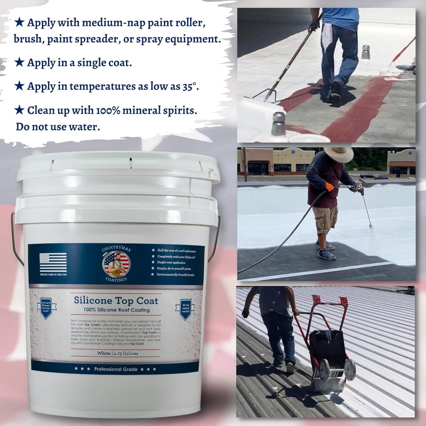 Countryman Coatings 100% Silicone Roof Coating - Restore Your Roof in a Day - Seal Leaks, Cracks, Seams, Penetrations - Adheres to All Surfaces (4.75 Gallon, White)