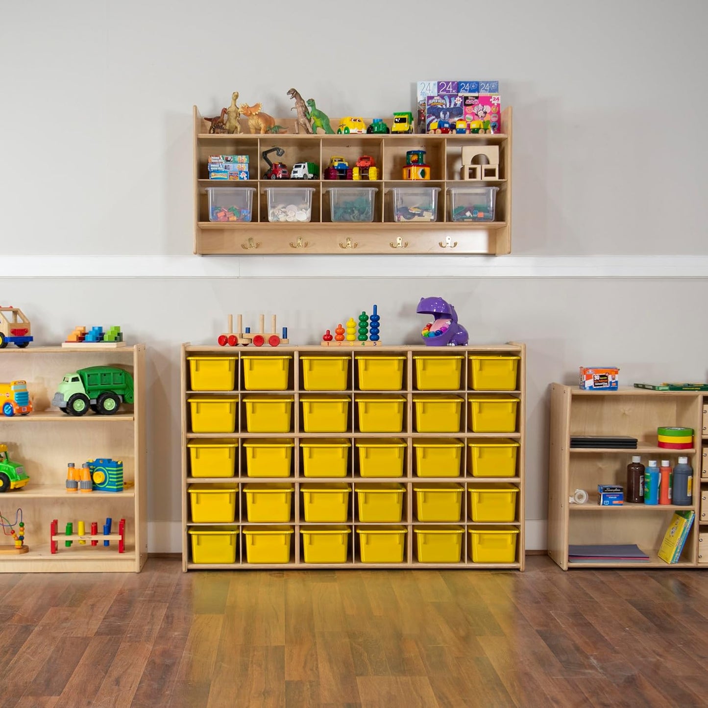 Wood Designs Cubby Storage Bin, Heavy Duty Plastic Containers for Kids Yellow Cubby Tray Set of 20