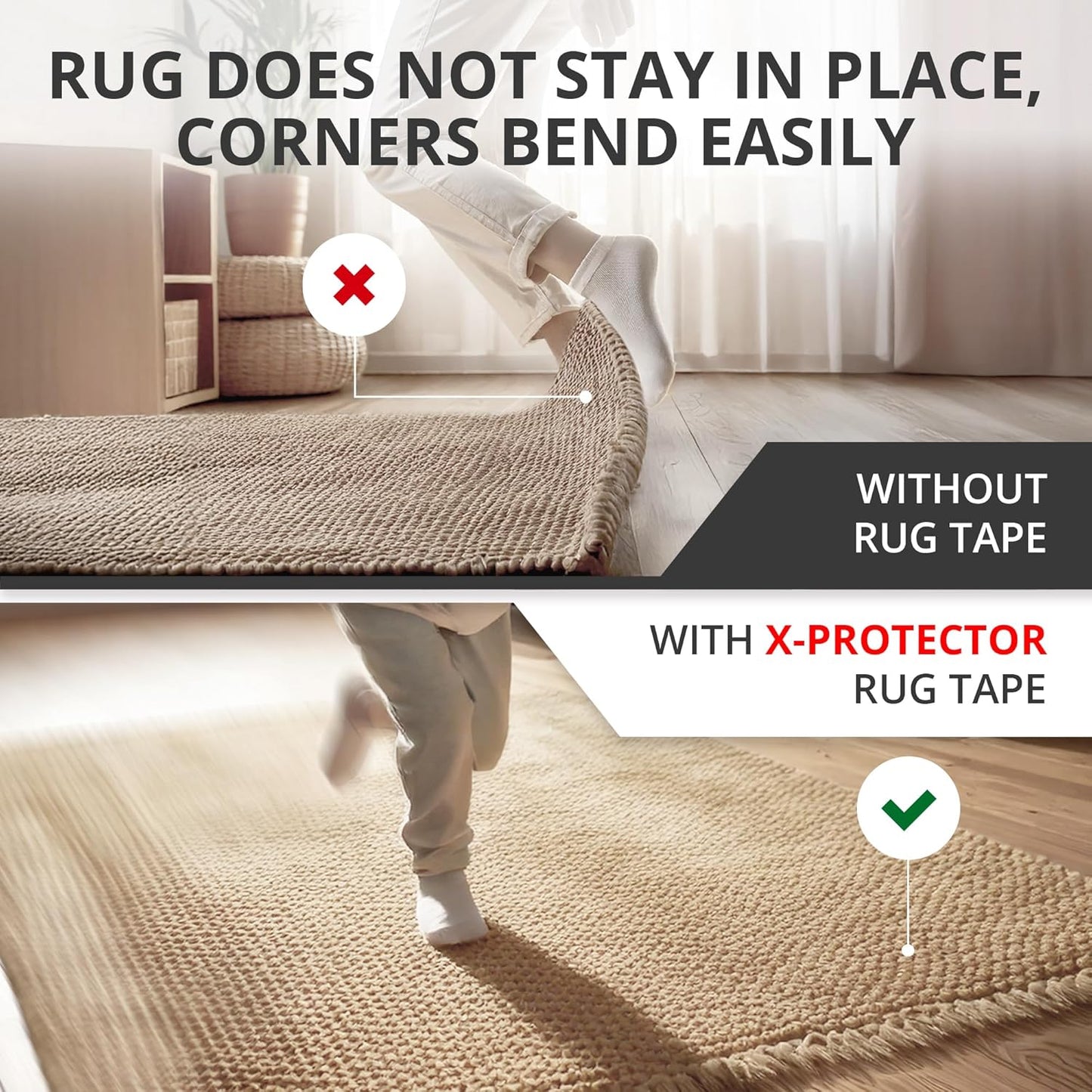 X-Protector Rug Tape - 12 Pcs Set - White Anti-Slip & Anti-Curling Carpet Tape for Hard Floors - Premium Rug Pad Gripper - Ideal Carpet Corner Grippers to Keep Your Carpet in Place & Make Corners Flat