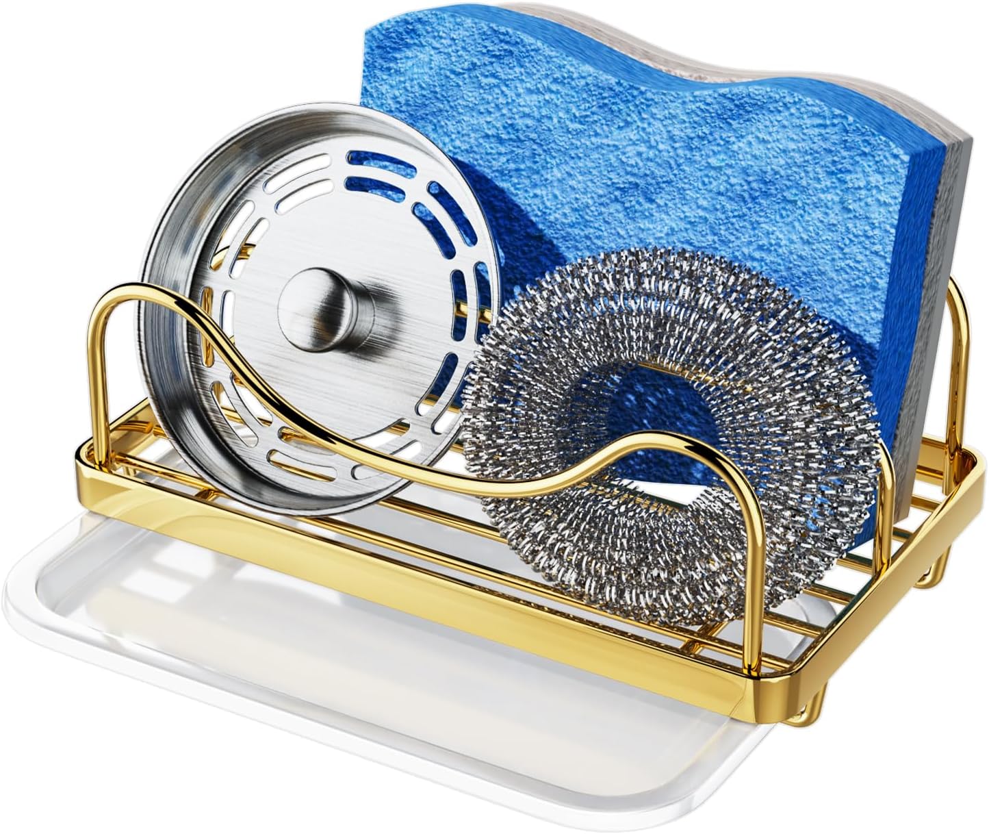 Consumest Sponge Holder for Kitchen Sink - Movable Sink Caddy for Countertop Organizer, 304 Stainless Steel Sponge Holder with Detachable Drip Tray for Kitchen Accessories, Gold