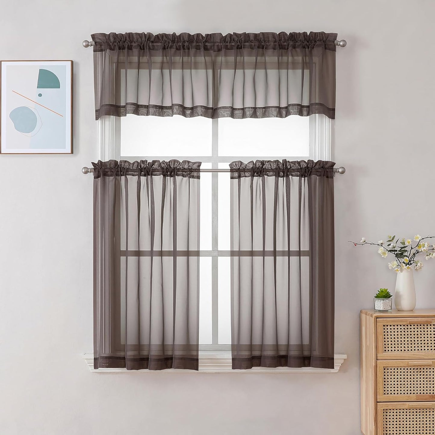 Chyhomenyc Sheer Valances for Windows 2 Pieces, 42Wx14L Inches Brown Small Window Valance for Living Room Bathroom Cafe Laundry Basement, Elegant Chocolate Rod Pocket Voile Valance