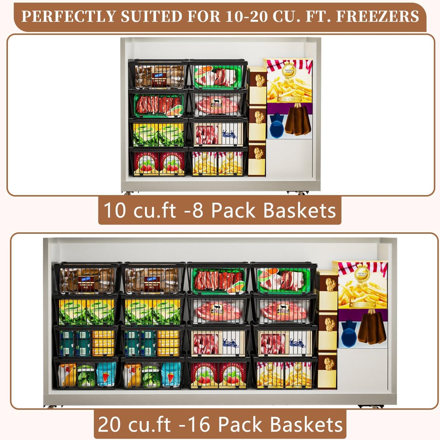 Large Freezer Organizer Bins，Upgraded Bottom Leak-Proof net，Fit 10 to 20 Cu Ft Chest Freezer，4Pack， Expandable Stackable Chest Freezer Containers with Handle(Black-4Pack)