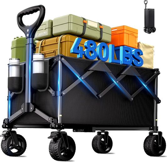 Collapsible Wagon Cart with Universal Wheels, 480LBS Wagons Carts Heavy Duty Collapsible Wagon with Cup Holders, Utility Beach Carts for Camping, Garden, Shopping, Fishing, Sports