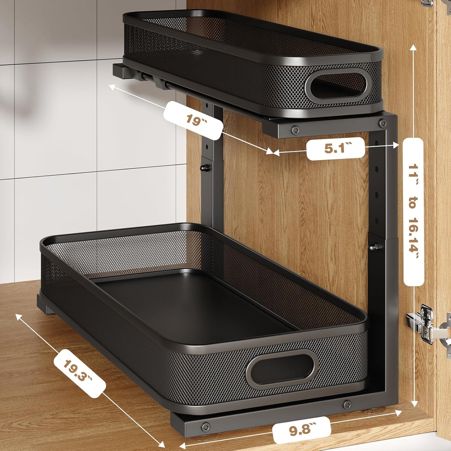 2 Pack 19.3IN-Depth Under Sink Organizer with Smooth Cylindrical Rail,2-Tier Pull Out Multi-Purpose Cabinet Storage for Bathroom&Kitchen,Height Adjustable,Rust-Resistant Coating-Black