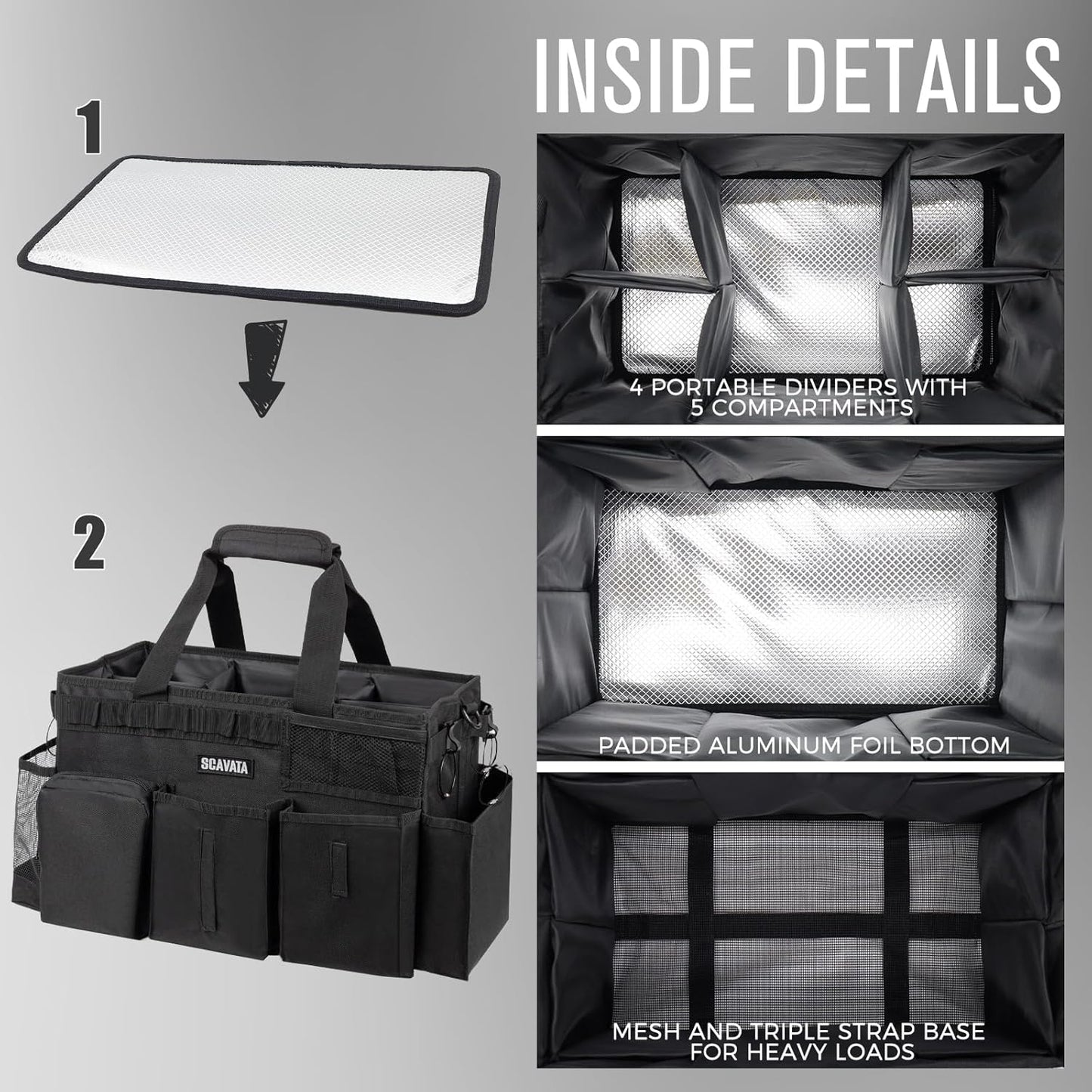 Wearable Cleaning Caddy Bag, Supplies Organizer with Handle & Shoulder Straps for Housekeepers, Under Sink & Car Cleaning Tool Organizer with 4 Foldable Dividers (Black)