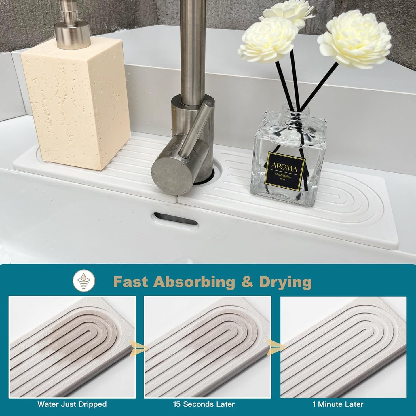 Bar Soap Holder, Diatomite Quick Drying Tray, Kitchen Drying Mat, Faucet Splash Guard for Bathroom Counter, Faucet Mat, Bathroom Tray, Drying Mat, Bathroom Decor (WHITE, 15.8 * 4")
