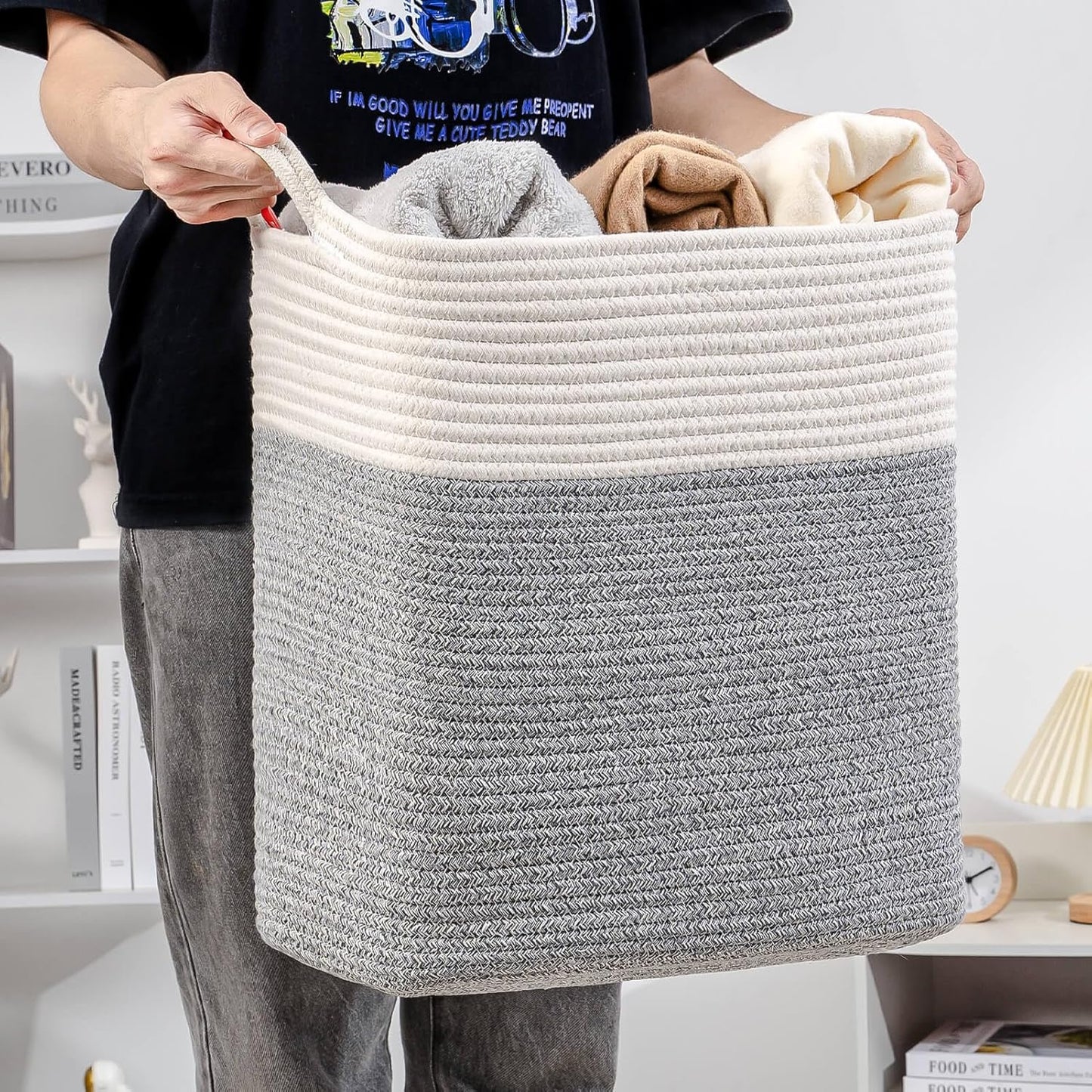 Medium and Large Woven Basket//With Handle, Used for Toys and Fabric Storage Basket used for Storing xl Storage Box, Decorative Storage Box Room (14L*15.7H R Silver Gray, 14L*10W*15.7H)