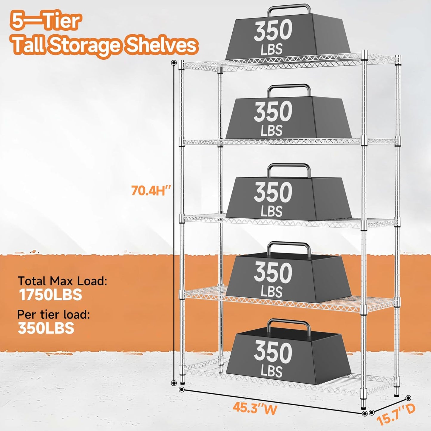 MZG 1750 lbs 5 Tier Storage Rack Metal Wire Shelving Unit, Storage Standing Household Shelf Organizer for Kitchen Pantry Closet Garage Basement Utility Room, Chrome 15.8" D x 45.3" W x 70.4" H