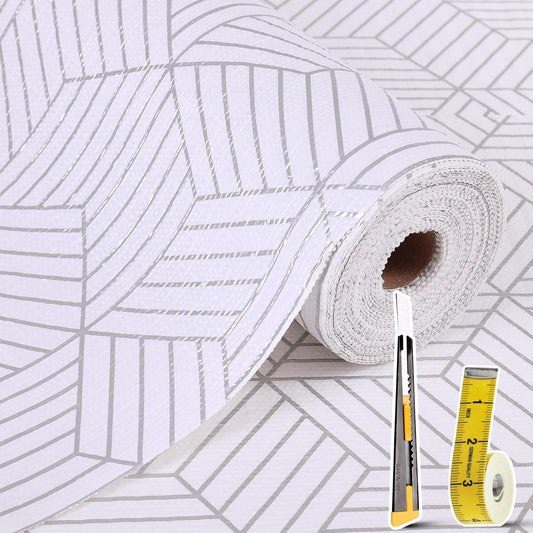 Shelf Liners for Kitchen Cabinets Non Adhesive Shelf Liner Paper Non-Slip Thickened Drawer Liner Easy to Clean for Tool Box Refrigerator with Knife and Tape Measure, Silver Geometric, 11.8 x 118 in