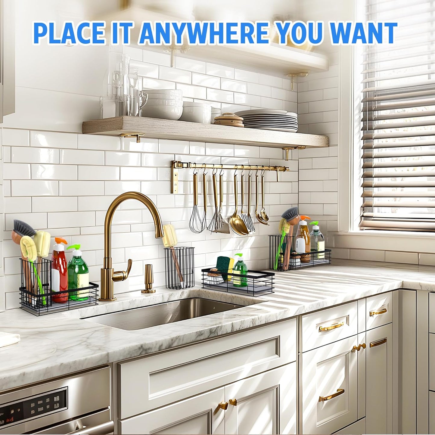 Sponge Holder for Kitchen Sink with Instant Drying Stone, Sponge Caddy, Stainless Steel Sink Caddy Organizer with Brush Holder, Dish Soap Dispenser, Kitchen Sink Accessories & Storage Rack