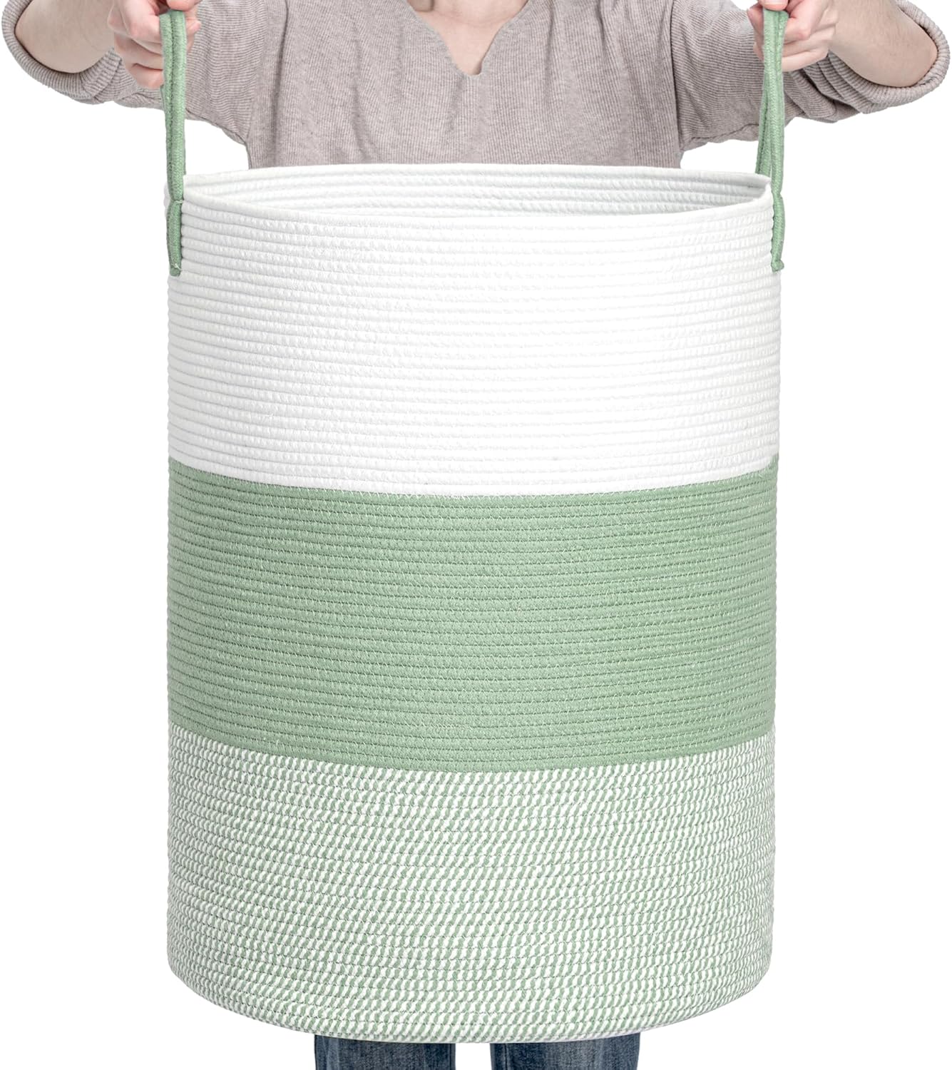 CLHMILY&Z 100L Laundry Basket Round Storage Rope Basket - 18.1x24 Inches - Green Hamper in Bedreoom and Cute Storage Bin for Blankets, Toys, and Nursery Essentials