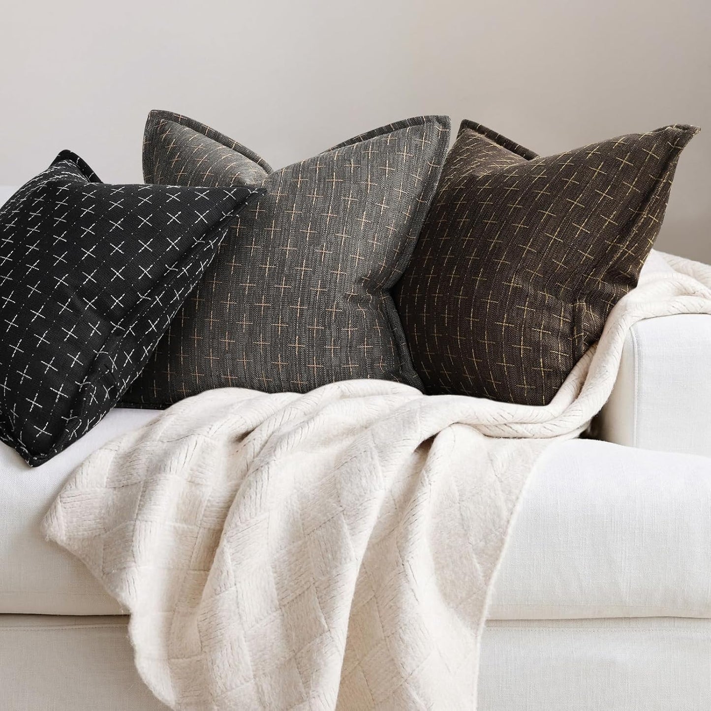 ZWJD Pillow Covers 16x16 Set of 2 Soft Polyester Textured Pillow Covers with Stylish Flange Edge Cozy Farmhouse Throw Pillows for Couch Bed Sofa Living Room