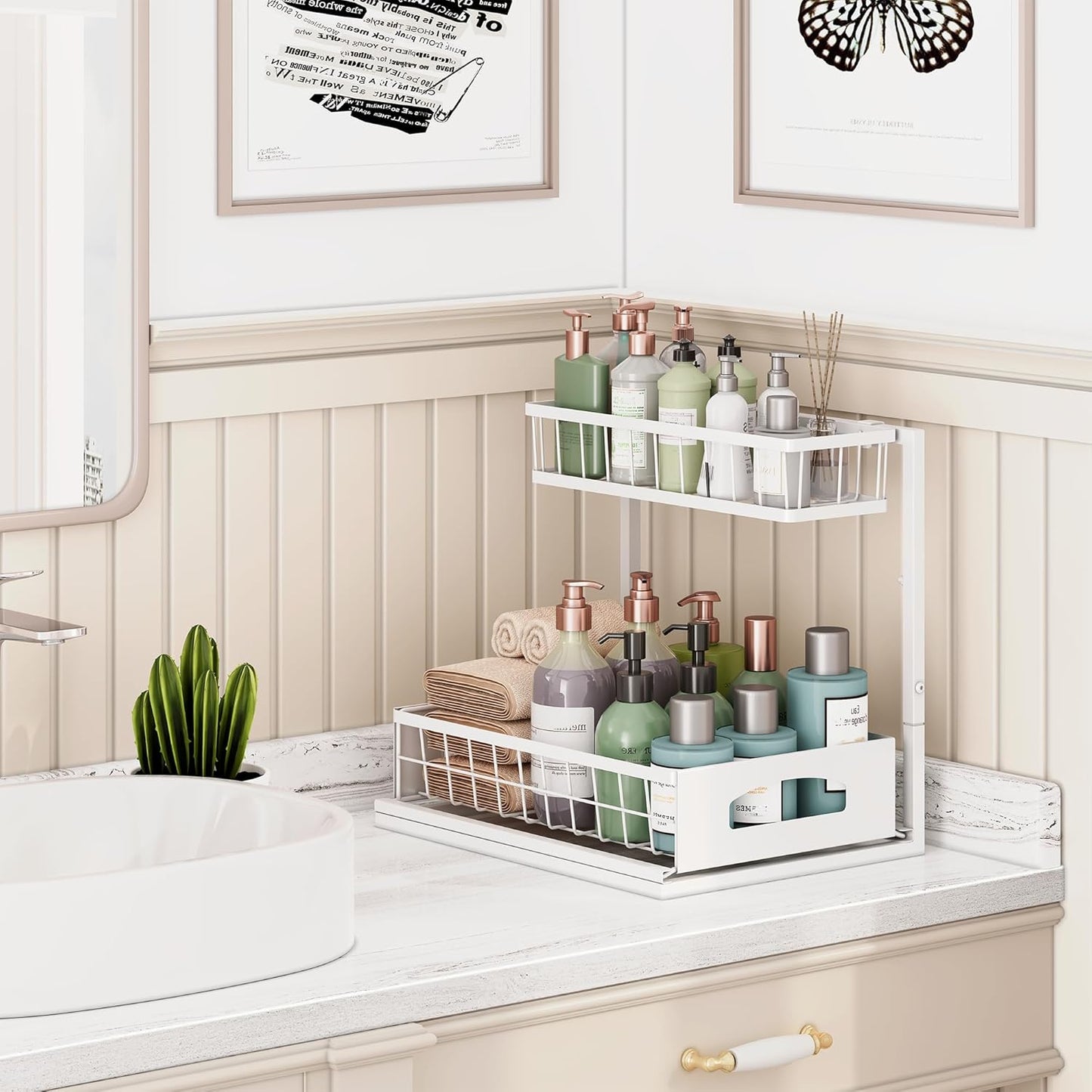 Under Sink Organizer, 2 Pack Height Adjustable Cabinet Organizer with Slide Out Drawer, Pull Out Under Sink Storage, Multi-Purpose 2 Tier Sink Shelves for Kitchen Bathroom Pantry (White, 2 Pack)