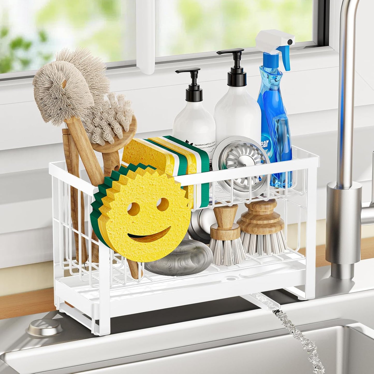 Sponge Holder for Kitchen Sink with Flexible Sink Caddy Smiley Face,2 Tier Kitchen Sponge Holder Countertop and Storage Essentials,Soap Dispenser Organize,Home Decor Accessories-White