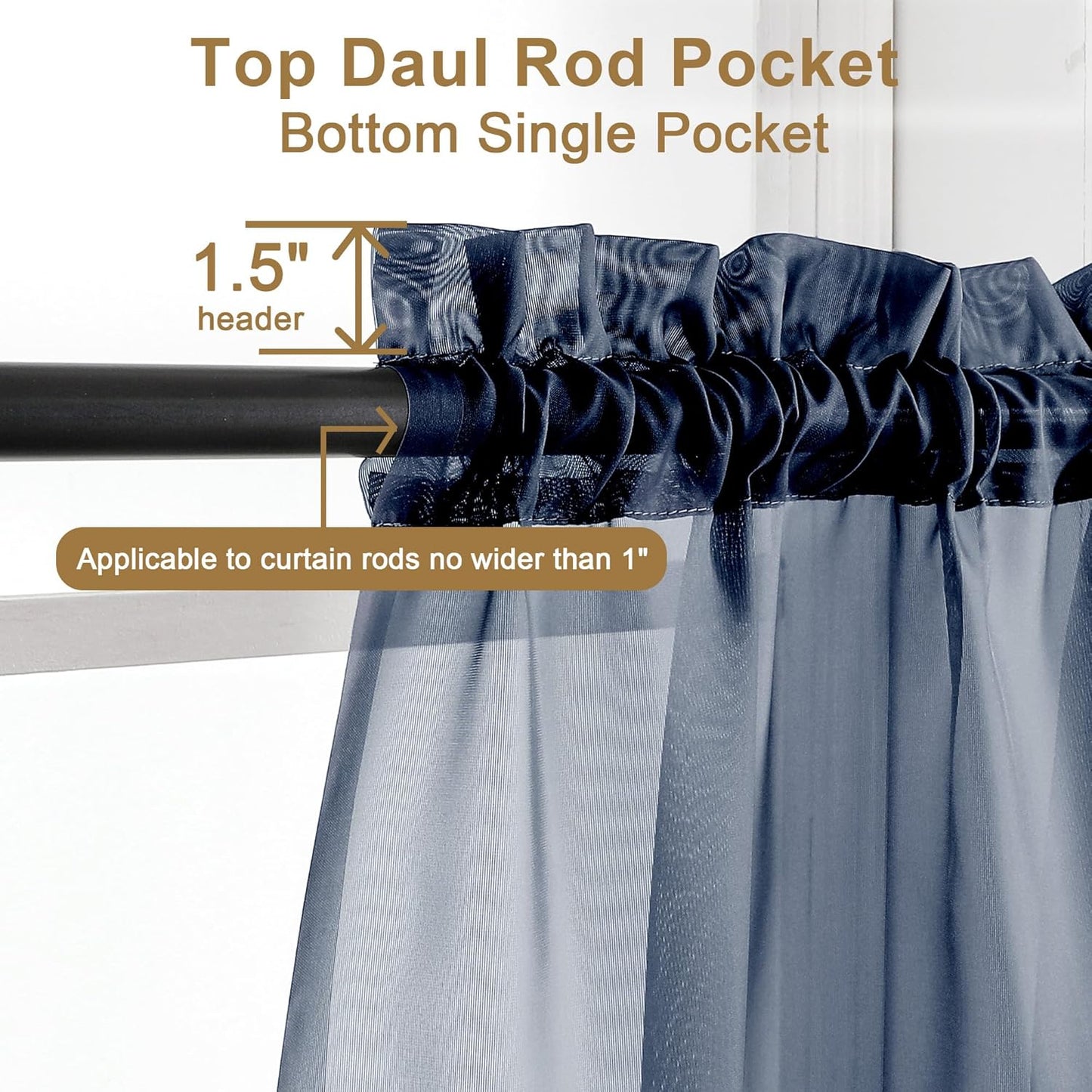 Chyhomenyc Extra Long Sheer Window Curtain Panels 120 Inch 2 PCS, Rod Pocket Durable Soft Touching Backdrop Drapes Window Treatment for Living Room/Farmhouse/Hotel, 42W x 120L inches, Navy Blue, 10 FT