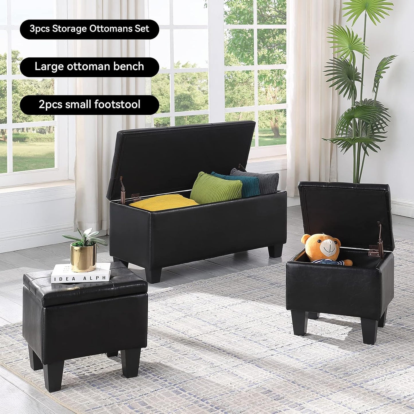 Storage Ottoman Set of 3, 38'' Button-Tufted Coffee Table Bench with 2pcs Nesting Foot Stools, for Living Room Couch, Bedroom, End of Bed (Black - PU Leather)