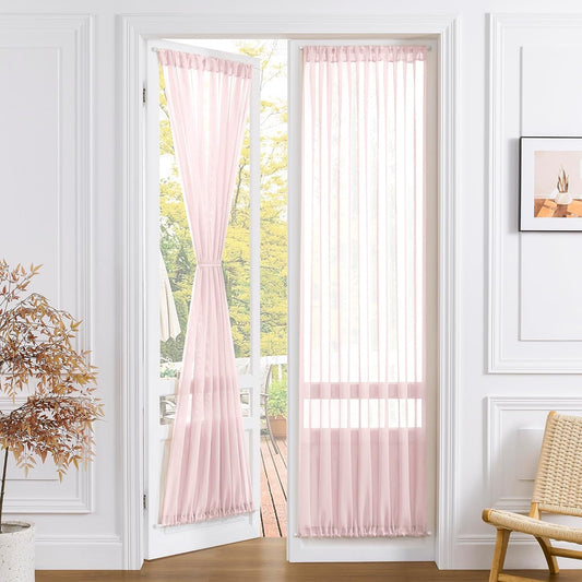 Tollpiz Sheer Door Curtain Closet Linen Textured Curtain Sheers Doorway Light Filtering Voile French Door Rod Pocket Curtains Patio Glass Door, 25 x 80 inches Long, Pink, Set of 1 Panel