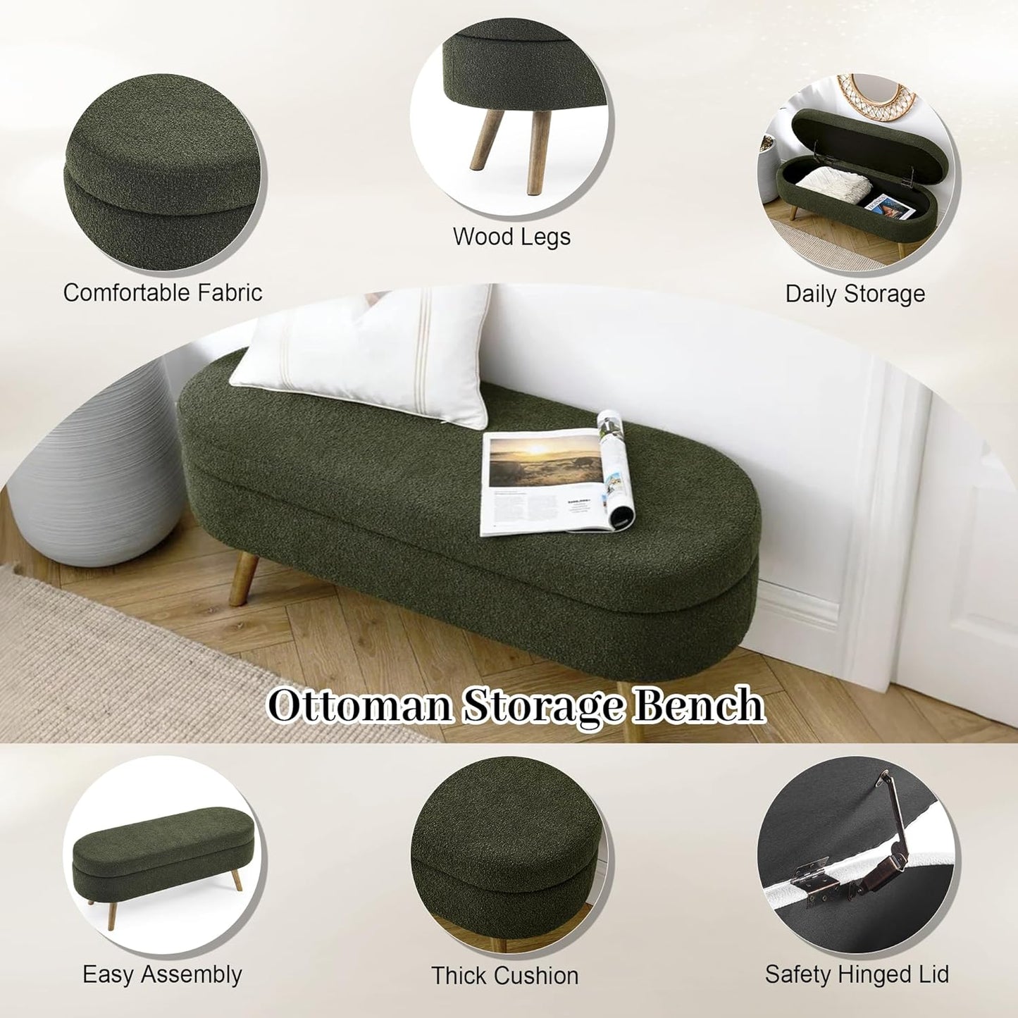 Storage Bench, 43" Storage Ottoman Bench, Shoe Storages Benches for Bedroom, Upholstered Entryway Benches with Seating, Rubber Wood Legs for Bedroom, Living Room, Entryway, Bed Side, Green