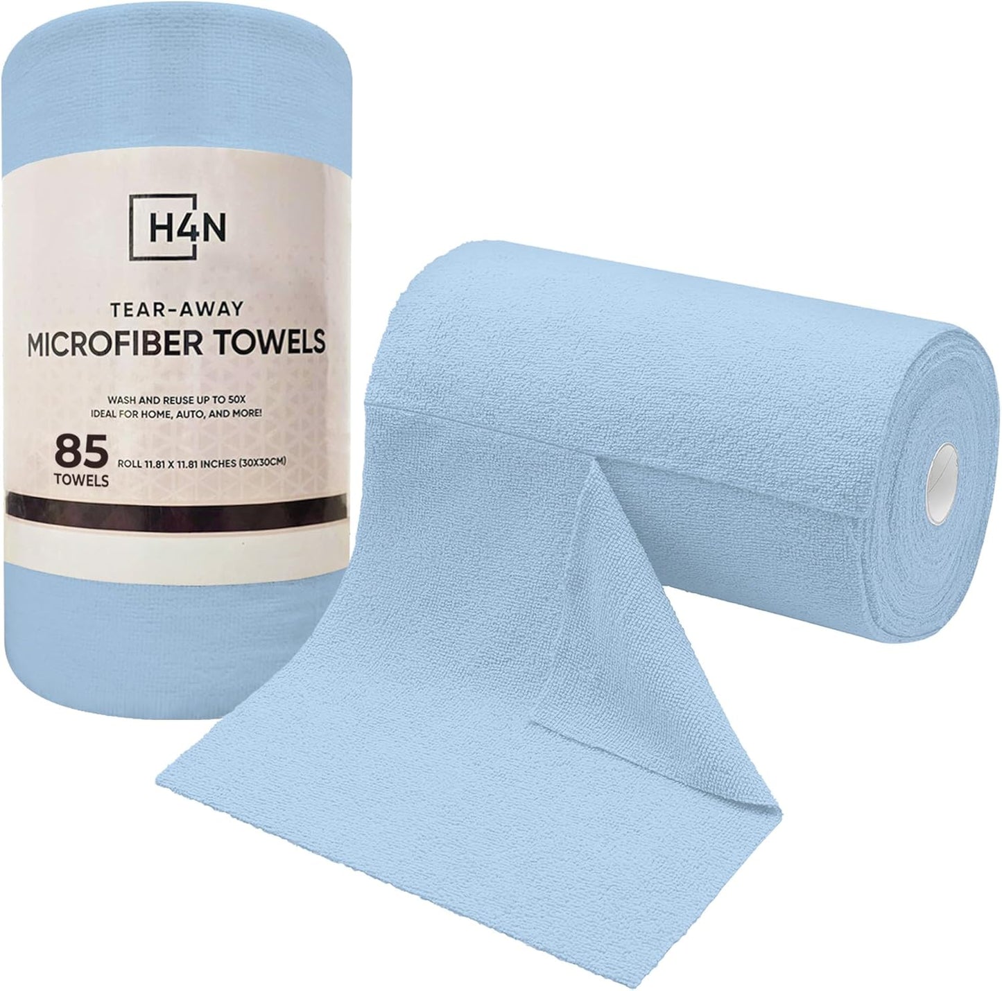 H4N Microfiber Cleaning Cloth Roll, 85 Pack Micro Fiber Wash Cloths for Car, Tear Away Towels, Ultra Absorbent Dish Rags, Non-Abrasive, Reusable and Washable Household Supplies, 11.81" x 11.81", Blue