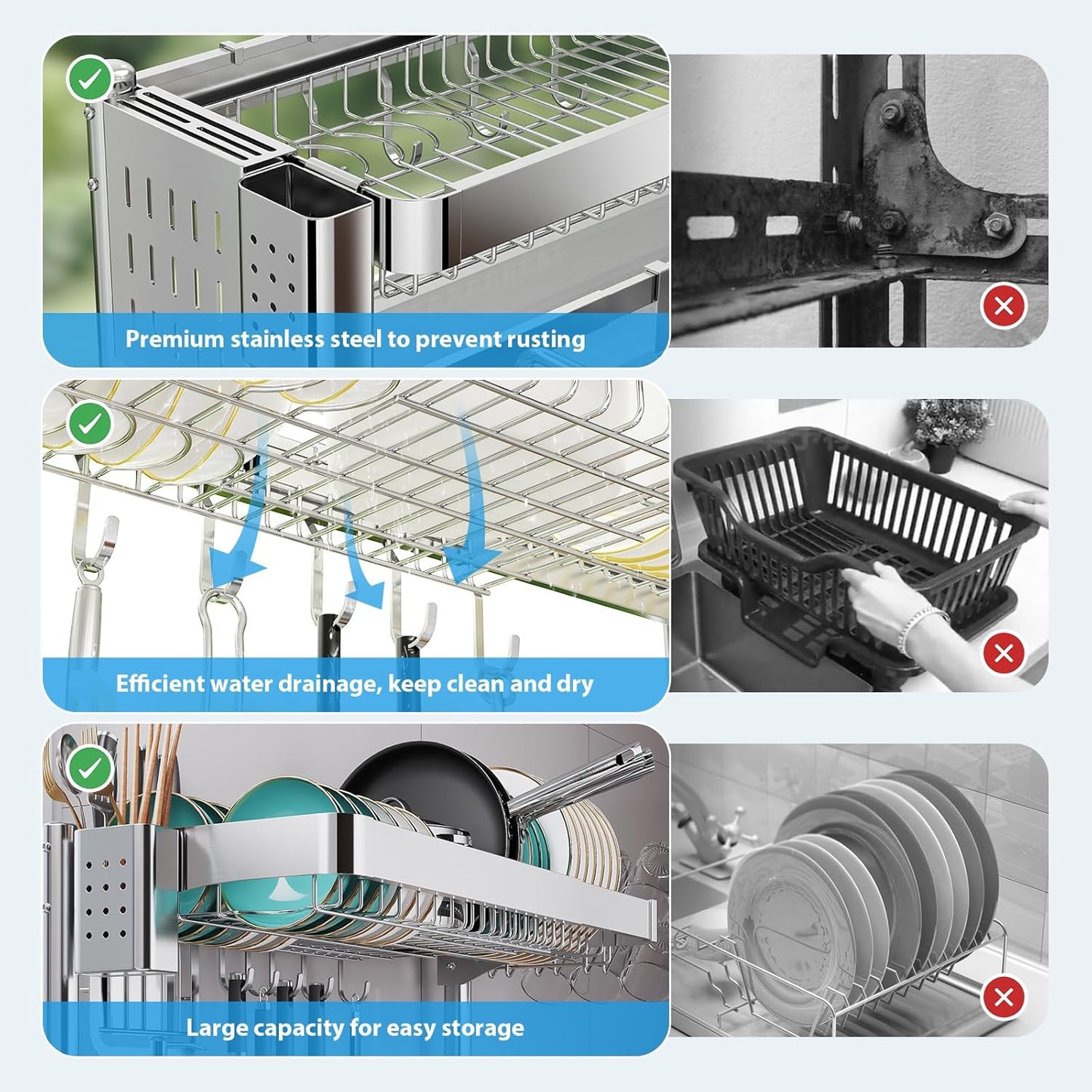 Over The Sink Dish Drainer Drying Rack, 2 Tier Adjustable Width (20.87'' to 37.6'') 304 Stainless Steel Large Over Sink Dish Drying Rack for Kitchen Counter Organizer, (Silver)