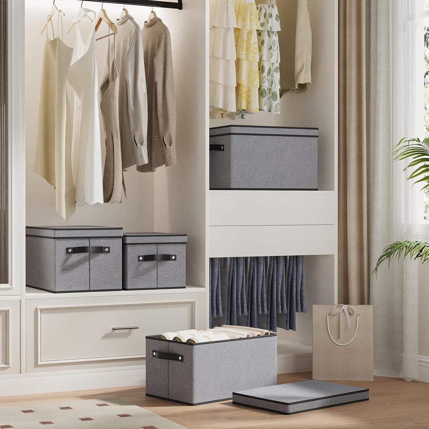 Clothing Storage Bins, Blanket Baskets for Shelves, Fabric Cubes with Handles and Lids, Decorative Linen Closet Organizers Boxes, Gray, 3 Pack, 16.5 x 11.8 x 10.2 Inch