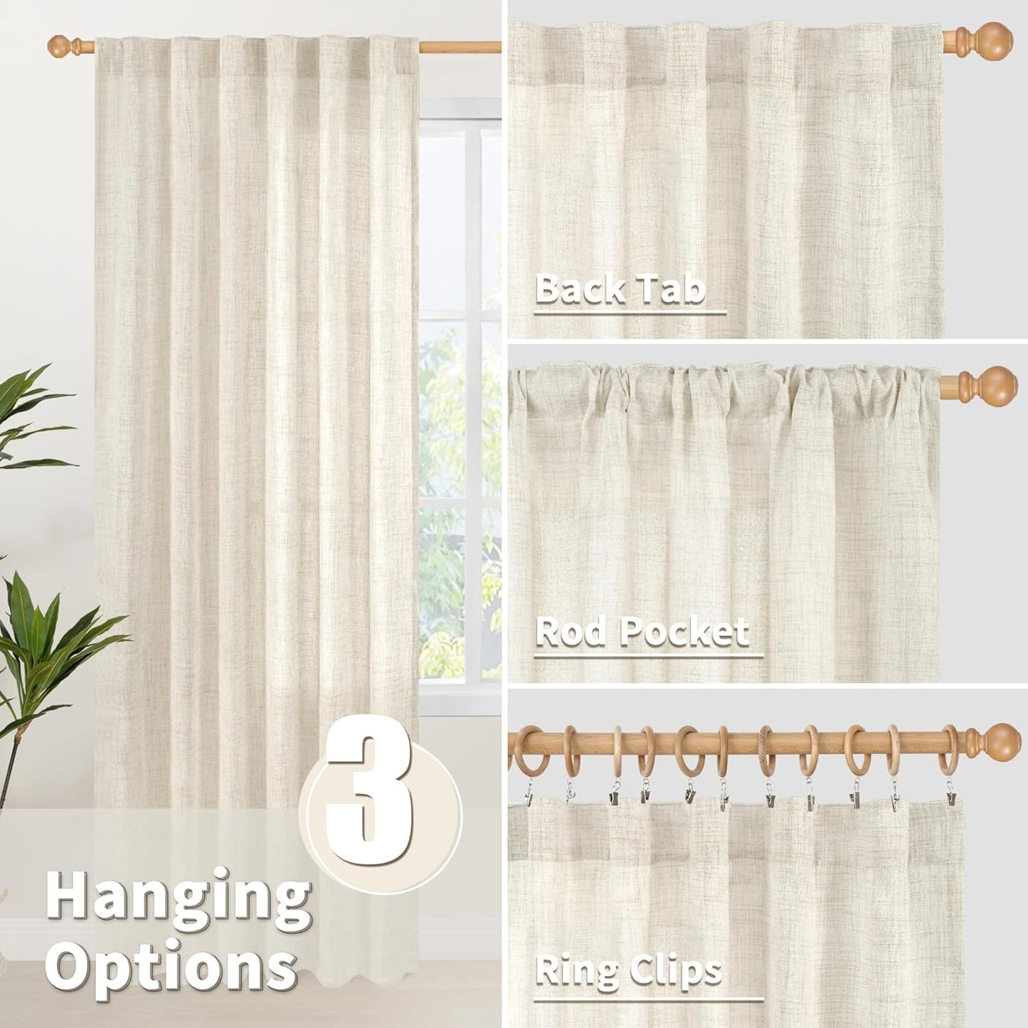 YoungsTex Linen Semi Sheer Curtains 78 Inch Length for Living Room, Boho Cream Light Filtering Window Drapes Textured with Rod Pocket Back Tab for Dining Bedroom, 2 Panels, 52 X 78 Inch