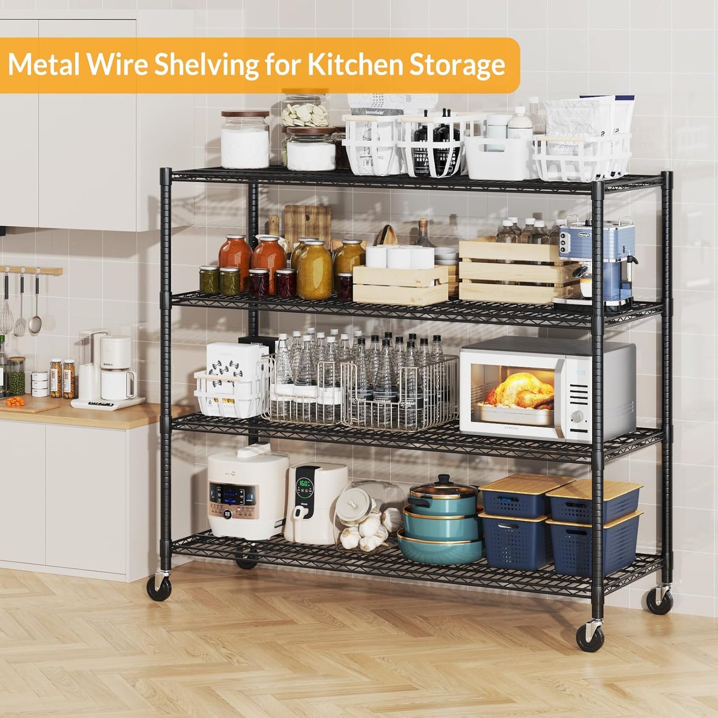 Himimi Storage Shelves with Wheels, 4-Tier Heavy Duty Steel Wire Rack Storage Shelving, Adjustable Metal Storage Shelves for Garage Kitchen Pantry Bathroom Laundry 18" D*60" W*72" H, Black