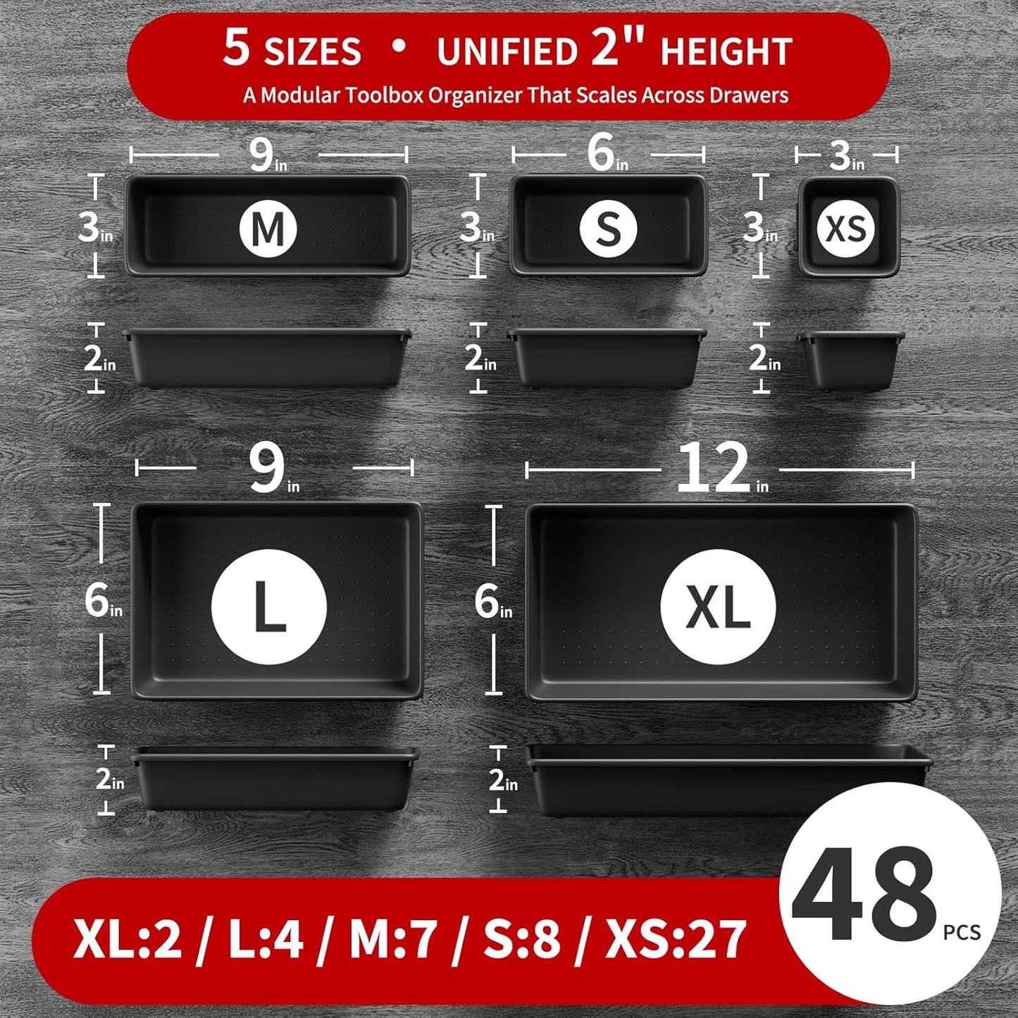 【48PCS & 5 Sizes】Tool Box Organizer Tray, Toolbox Drawer Organizer with Non-Slip Pads, Desk Drawer Divider Set, Fits Rolling Tool Chest Cabinet for Garage & Workbench