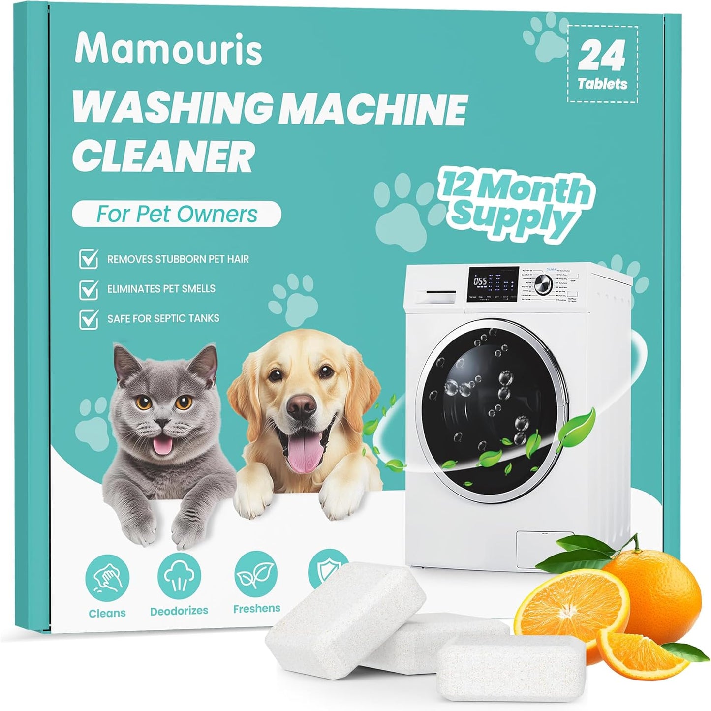 Washing Machine Cleaner Tablets: 24 Pack Deep Cleaning For HE, Front Loader & Top Load Washer, Removes Pet Hair, Odors, Designed for Pet Owners, Septic Safe, 12 Month Supply, Orange 11G
