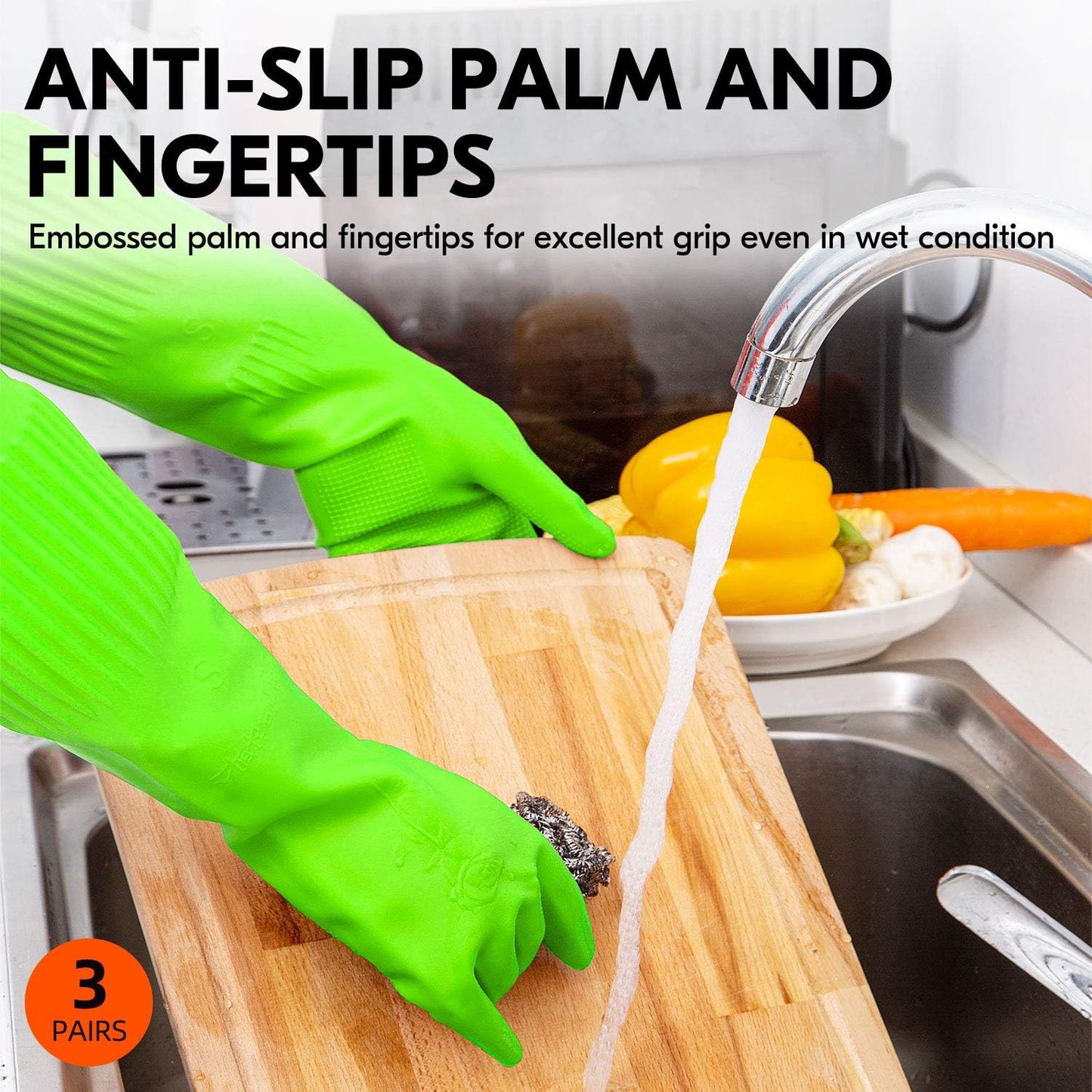 Vgo... 3-Pairs Dishwashing Gloves - Reusable Household, Kitchen, Long Sleeve, Thick Latex, Cleaning, Washing, Working, Painting, Gardening, Pet Care (Size M, Green, RB2143)