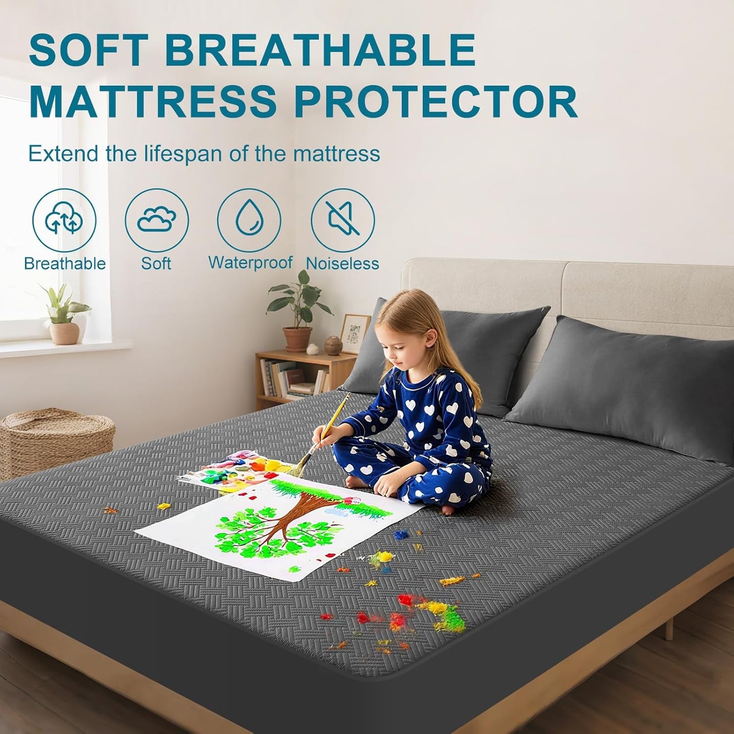 Waterproof Mattress Protector Twin XL Size - Breathable, Noiseless, Ultra-Soft Bed Cover, Mattress Pad Cover with Deep Stretchable Pockets 8"-21" (Gray)