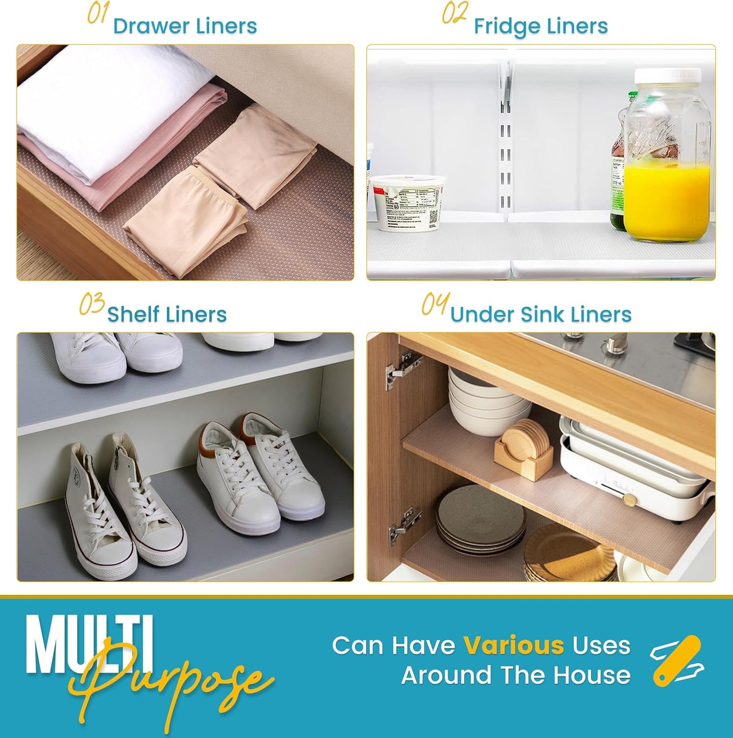 Refrigerator Liners for Shelves (12 Pack) by Linda’s Essentials - Non-Adhesive Shelf or Drawer Liner, BPA-Free Fridge Mats for Kitchen & Cabinets, Easy to Clean, Ideal Household Essentials (Clear)