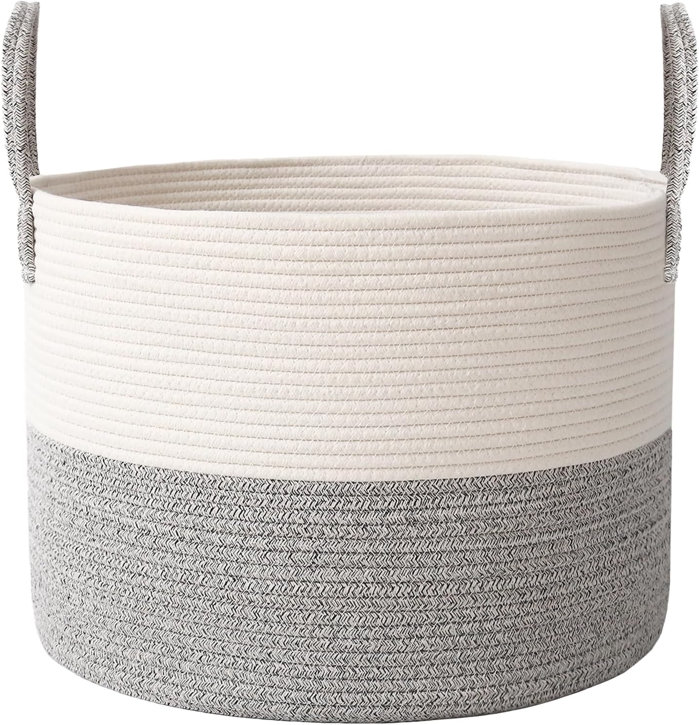 Woven Blanket Basket,65L Large Rope Storage Bin with Handles, Organizer for Blankets Toys Book and Clothes, Laundry Basket for Living Room Bedroom Nursery,White&Grey
