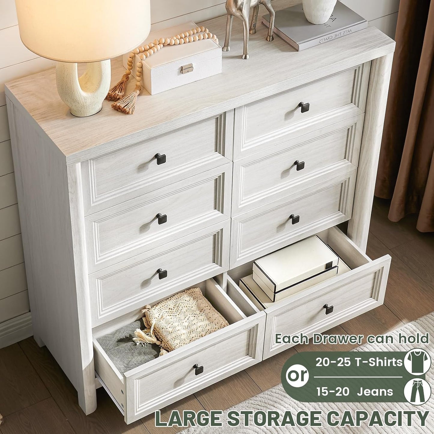 41" Tall White Dresser, Farmhouse 8 Drawers Dressers for Bedroom, Vertical Chest of Drawers for Bedroom Nursery with Metal Handle, Modern Rustic Wood Dresser for Closet, Living Room