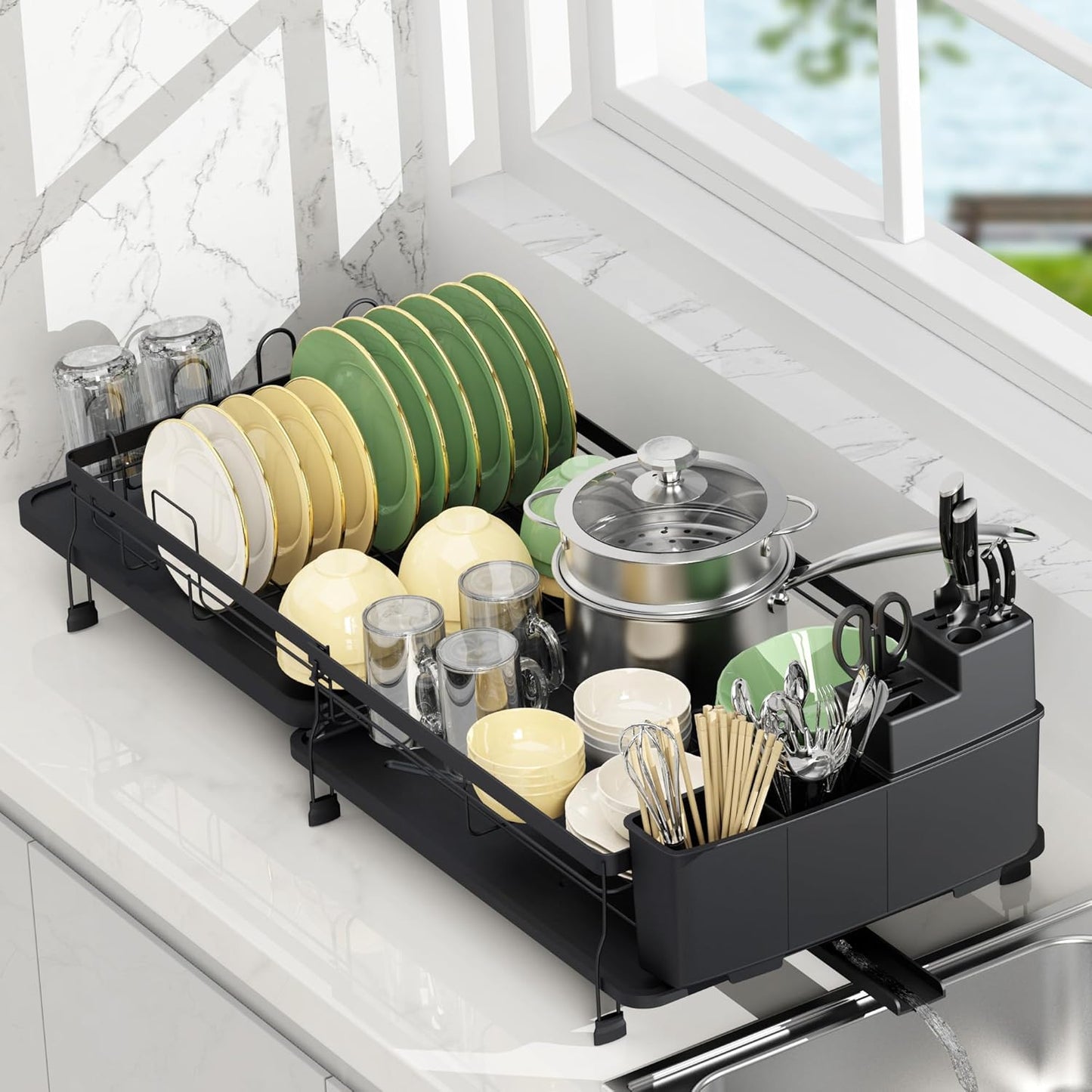 ROTTOGOON Expandable Dish Drying Rack,Multifunctional Adjustable Dish Drainer with Swivel Spout and Anti-Rust Dish Rack with Removable Cutlery & Cup Holders for Kitchen Counter,Black