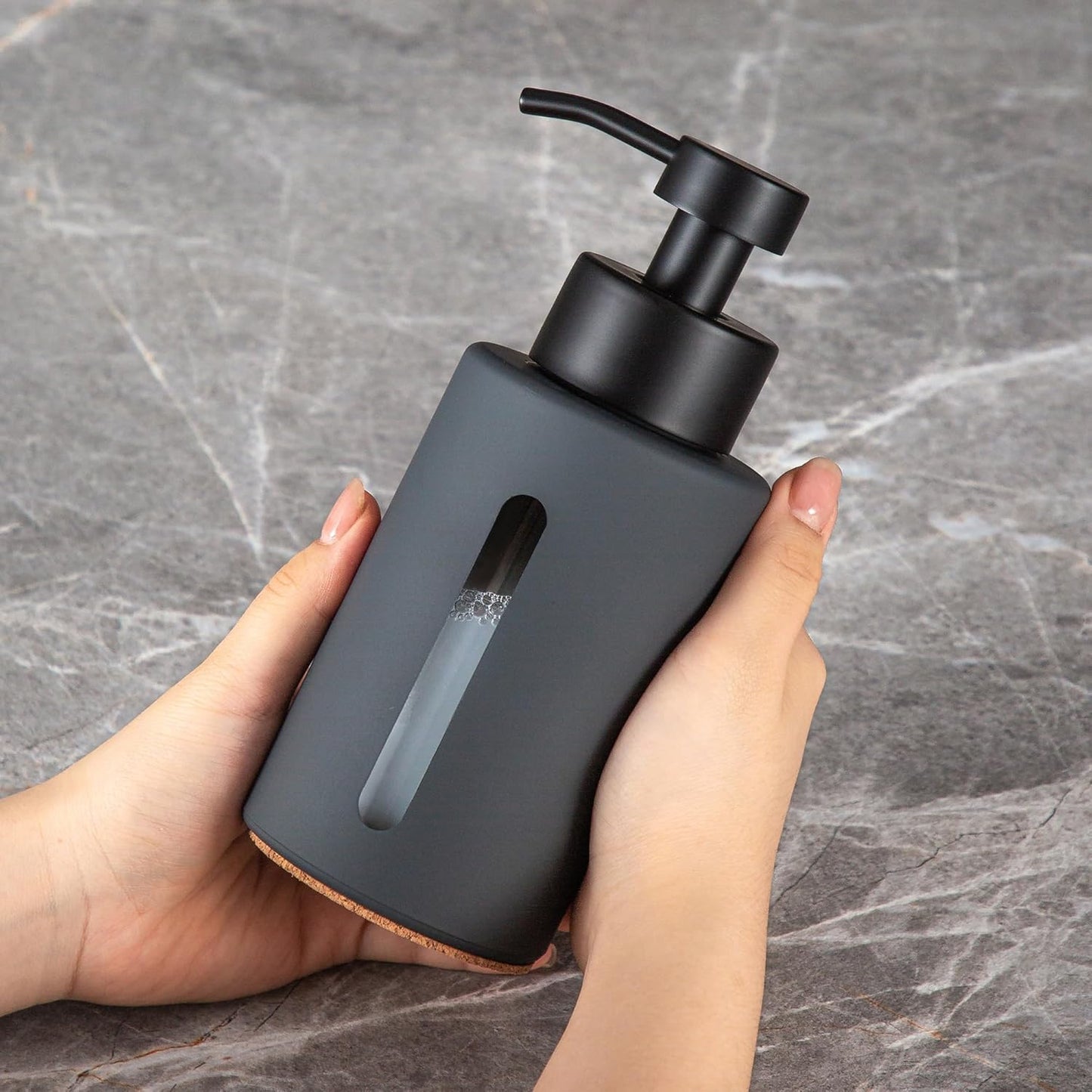 Enra Dish Soap Dispenser with Window,12oz Gary Kitchen Soap Dispenser with Stainless Steel Hand Pump,Glass Liquid Soap Dispenser Modern Lotion Bottle for Bathroom Kitchen(Dark Gray/Liquid Type)