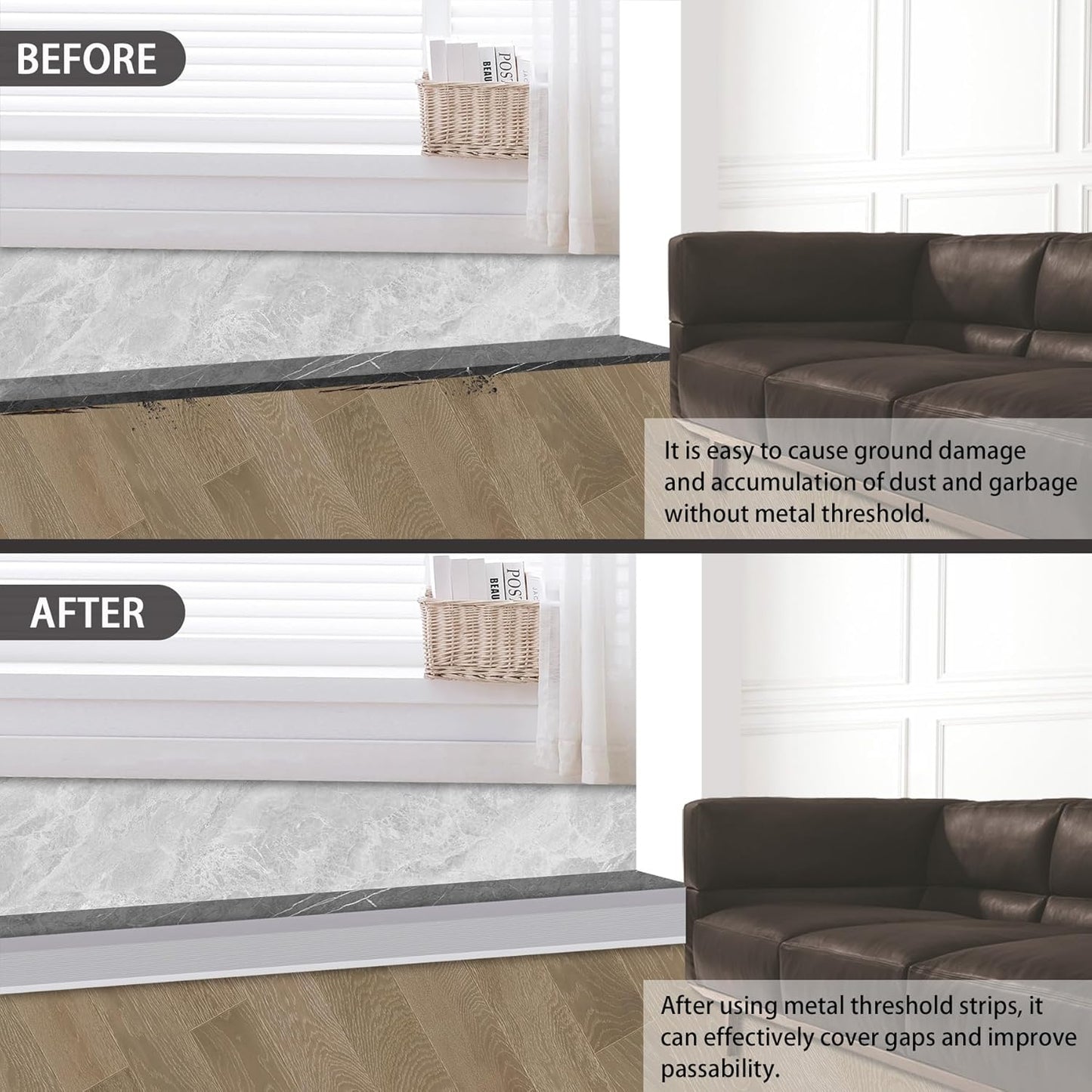 Gaahing Aluminum Floor Transition Threshold Strip, Bridge The Height Gap Between 0.3 to 1.6 inches for Doorway Ramp (35.4in x 3.9in, Matte Silver)