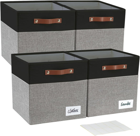 Collapsible Fabric Storage Cube Bins with 2 Reinforced PU Handles, Foldable Storage Organizer Baskets for Closet, Shelves, Living Room | 11"x11"x11", 4 Pack, Black & Gray