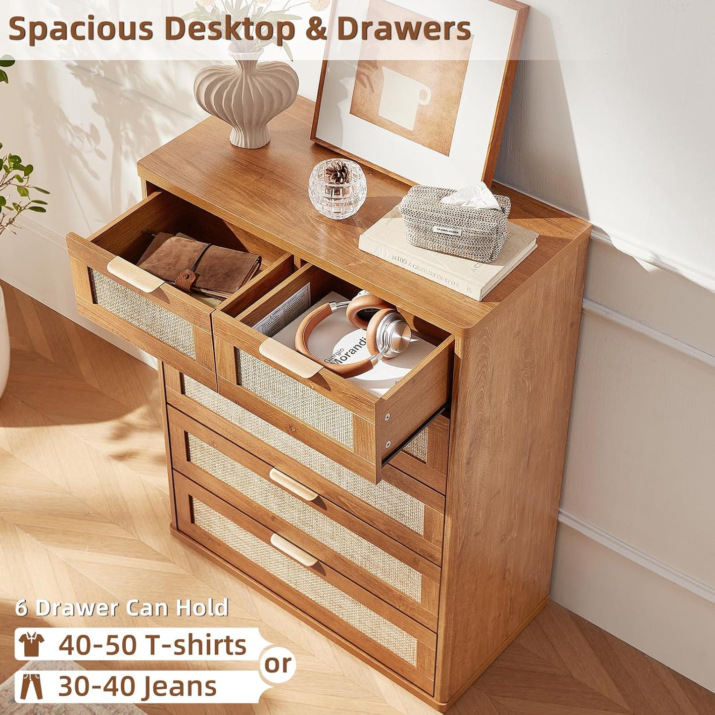 LEYAOYAO Rattan Dresser for Bedroom Set of 2, 42" Tall Chest of Drawers, Modern 6 Drawers Boho Dressers with Storage, Vintage Brown Dresser Wooden Closet Organizer for Living Room, Hallway