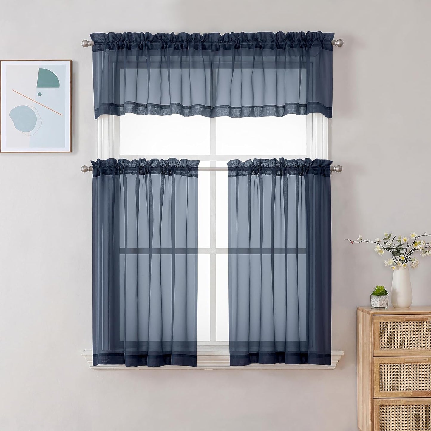 Chyhomenyc Sheer Valances for Windows 2 Pack, Small Window Curtains for Living Room Bathroom Cafe Laundry Basement, Modern Top Dual Rod Pocket Voile Curtain, 42W x 18L inches, Navy Blue