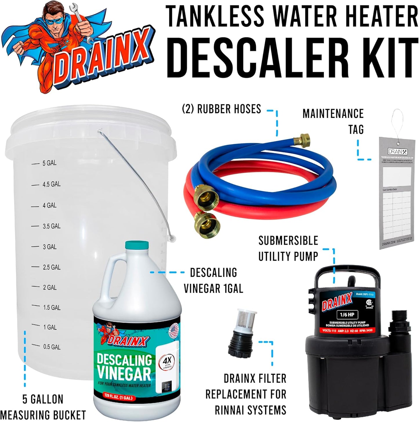 DrainX Tankless Water Heater Flushing Kit Includes Pump, Hoses, 5-Gallon Bucket, Concentrated Vinegar, and Replacement Filter for Rinnai Systems