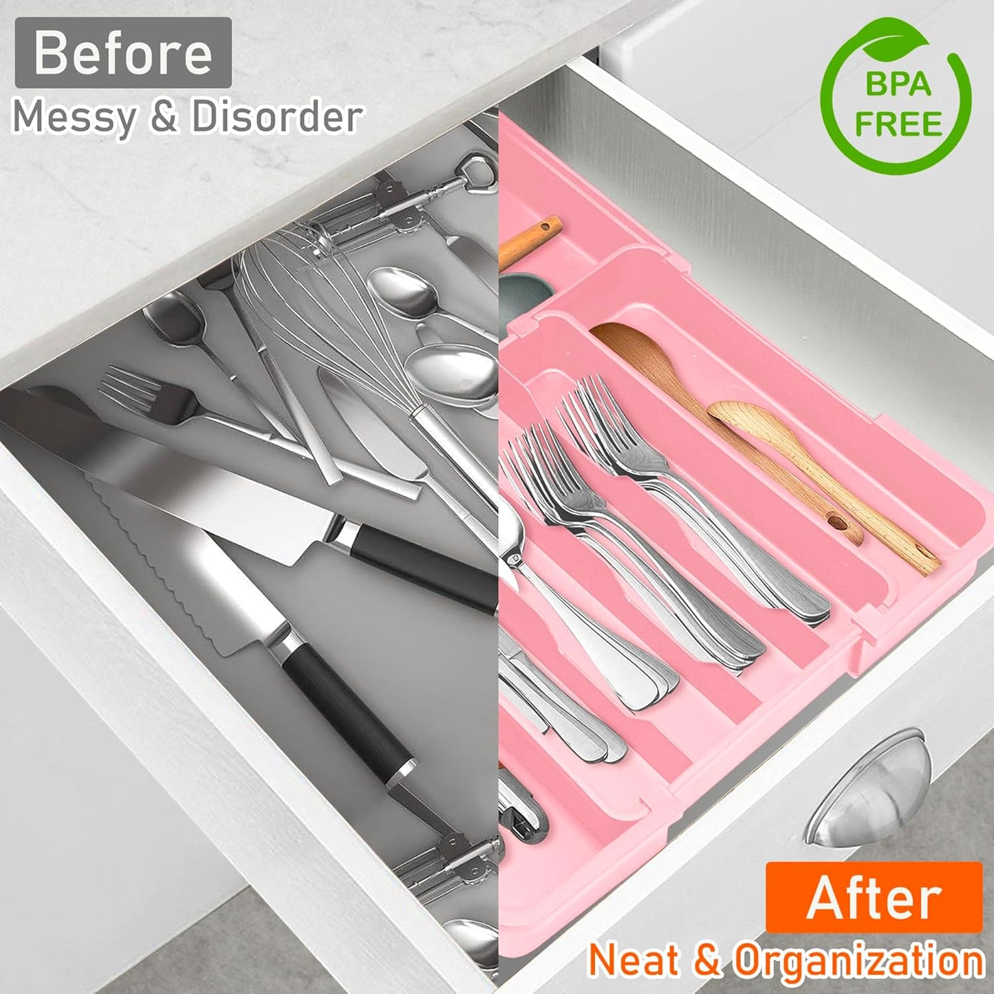 Silverware Organizer Expandable Silverware Drawer Organizer Adjustable Drawer Organizer, Flatware Cutlery Tray for Spoons Forks Knives Kitchen Organizers Storage,Pink